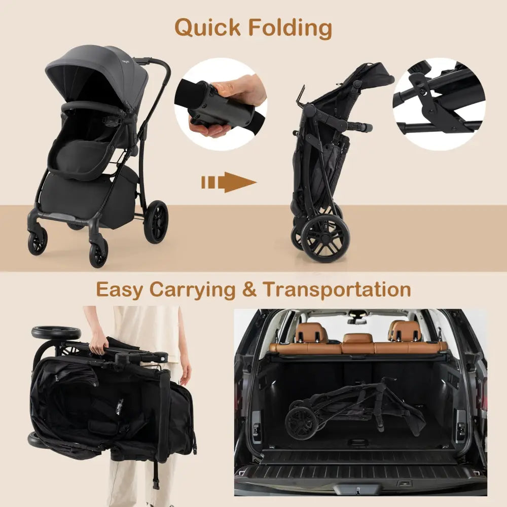 2-in-1 Baby Stroller with Bassinet Mode and Reversible Seat-Gray - Gray - Baby Strollers