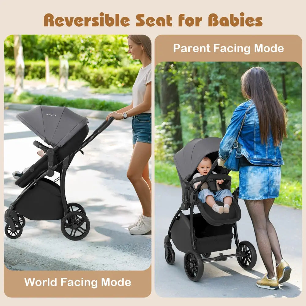 2-in-1 Baby Stroller with Bassinet Mode and Reversible Seat-Gray - Gray - Baby Strollers