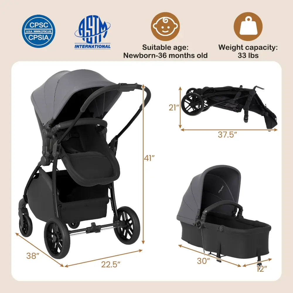 2-in-1 Baby Stroller with Bassinet Mode and Reversible Seat-Gray - Gray - Baby Strollers