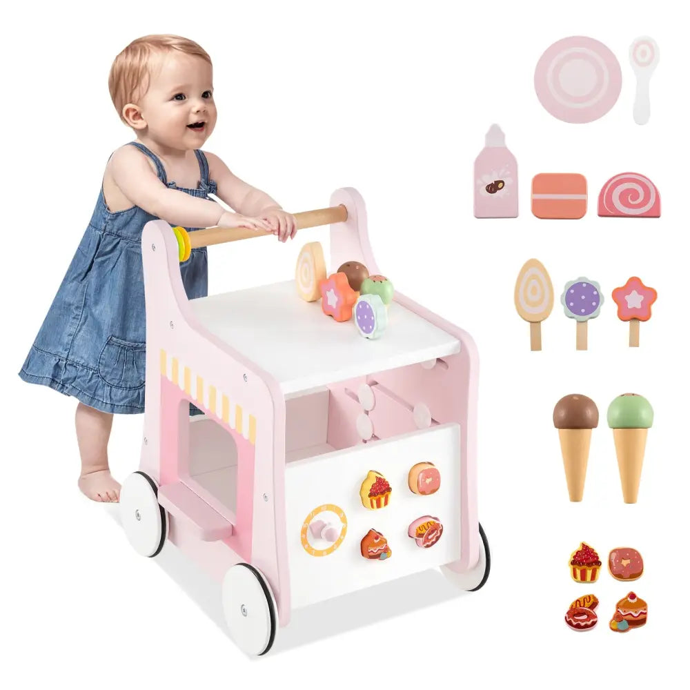 2-in-1 Baby Walker with Storage and Ice Creams for 1+ Years Old-Pink - Pink - Baby Activity