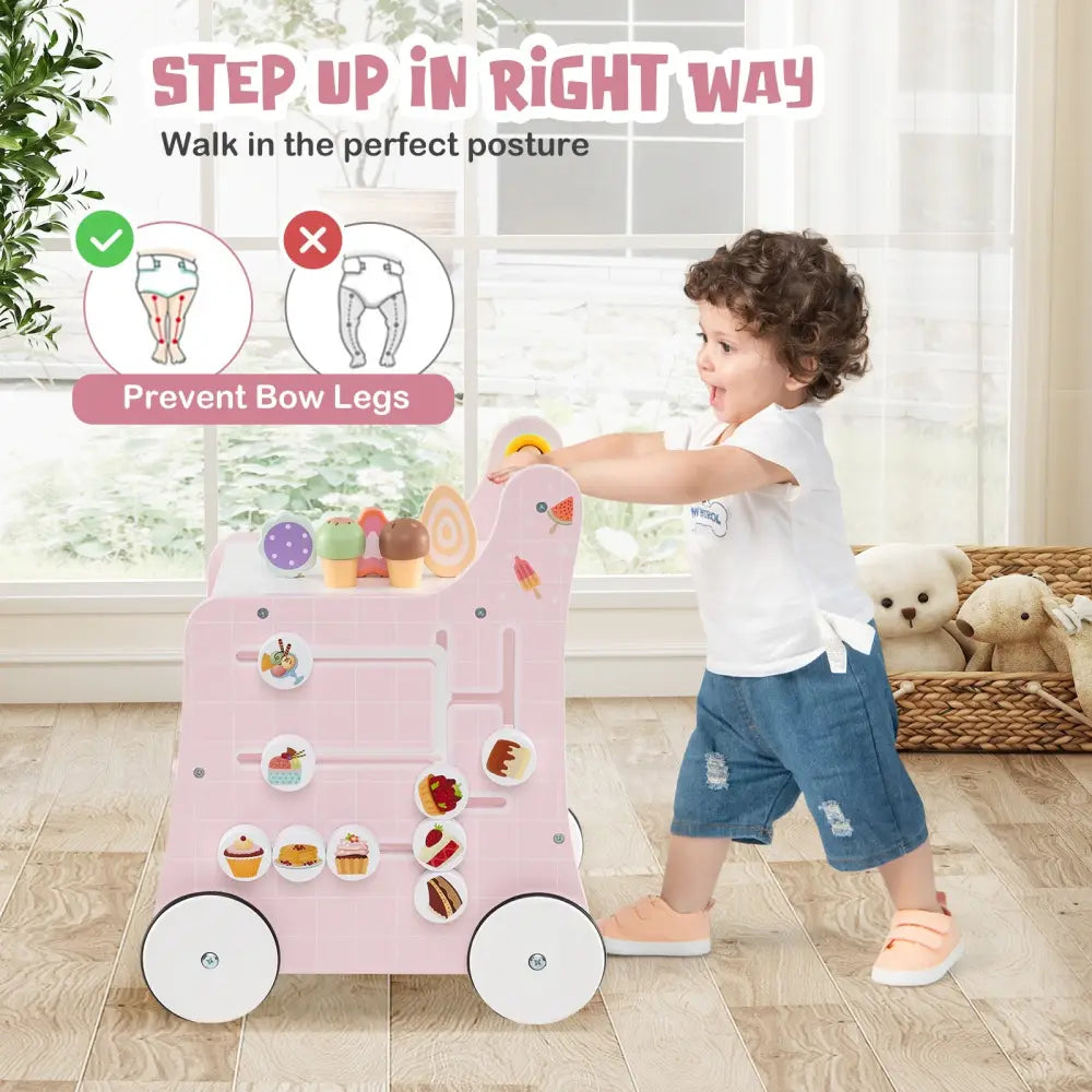2-in-1 Baby Walker with Storage and Ice Creams for 1+ Years Old-Pink - Pink - Baby Activity