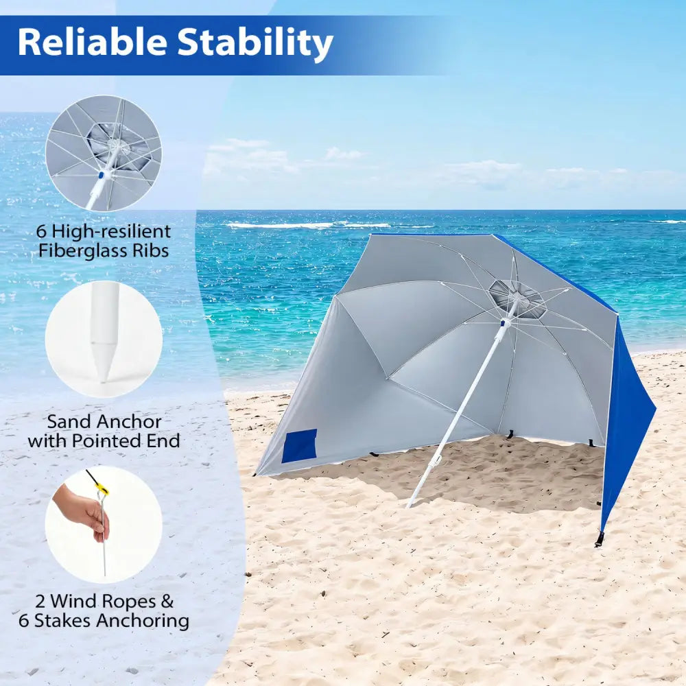 2-in-1 Beach Shelter Umbrella UPF 50+ with Side Panels for Camping Picnic-Blue - Blue - Outdoor Umbrellas