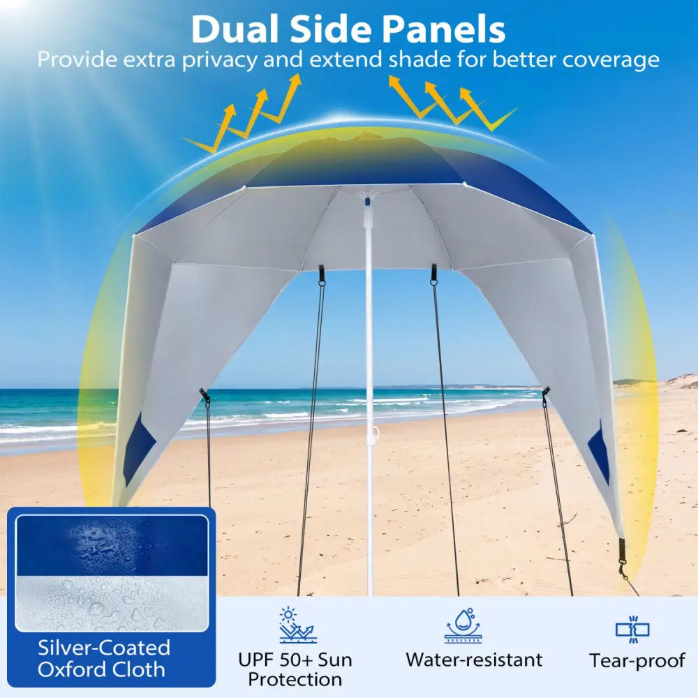 2-in-1 Beach Shelter Umbrella UPF 50+ with Side Panels for Camping Picnic-Blue - Blue - Outdoor Umbrellas