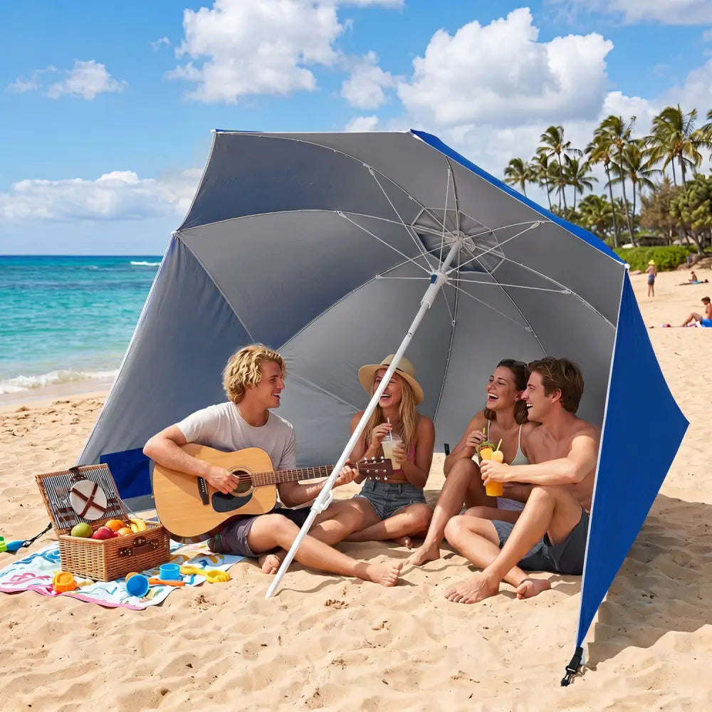 2-in-1 Beach Shelter Umbrella UPF 50+ with Side Panels for Camping Picnic-Blue - Blue - Outdoor Umbrellas