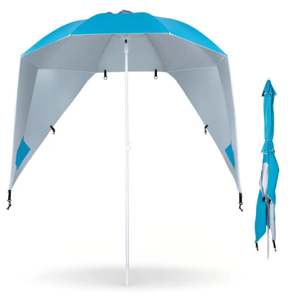 2-in-1 Beach Shelter Umbrella UPF 50+ with Side Panels for Camping Picnic-Turquoise - Turquoise - Outdoor Umbrellas