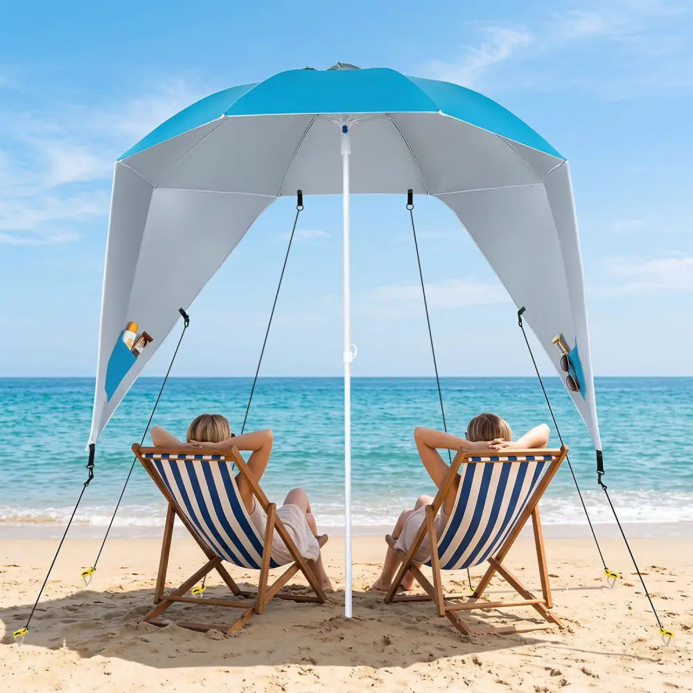 2-in-1 Beach Shelter Umbrella UPF 50+ with Side Panels for Camping Picnic-Turquoise - Turquoise - Outdoor Umbrellas
