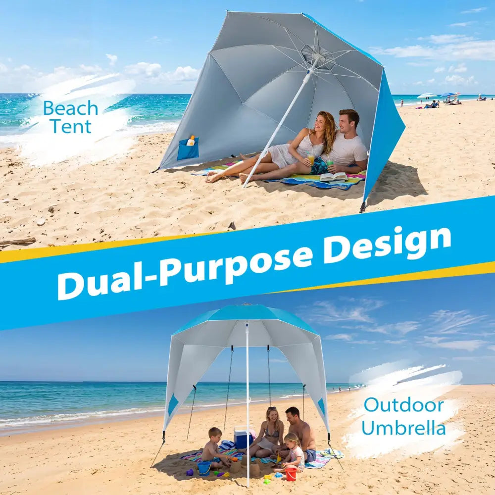 2-in-1 Beach Shelter Umbrella UPF 50+ with Side Panels for Camping Picnic-Turquoise - Turquoise - Outdoor Umbrellas