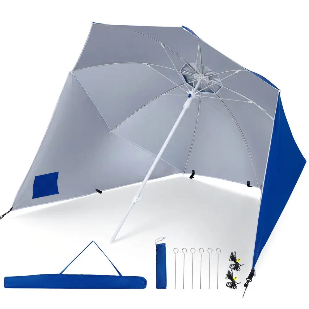2-in-1 Beach Shelter Umbrella UPF 50+ with Side Panels for Camping Picnic-Blue - Blue - Outdoor Umbrellas