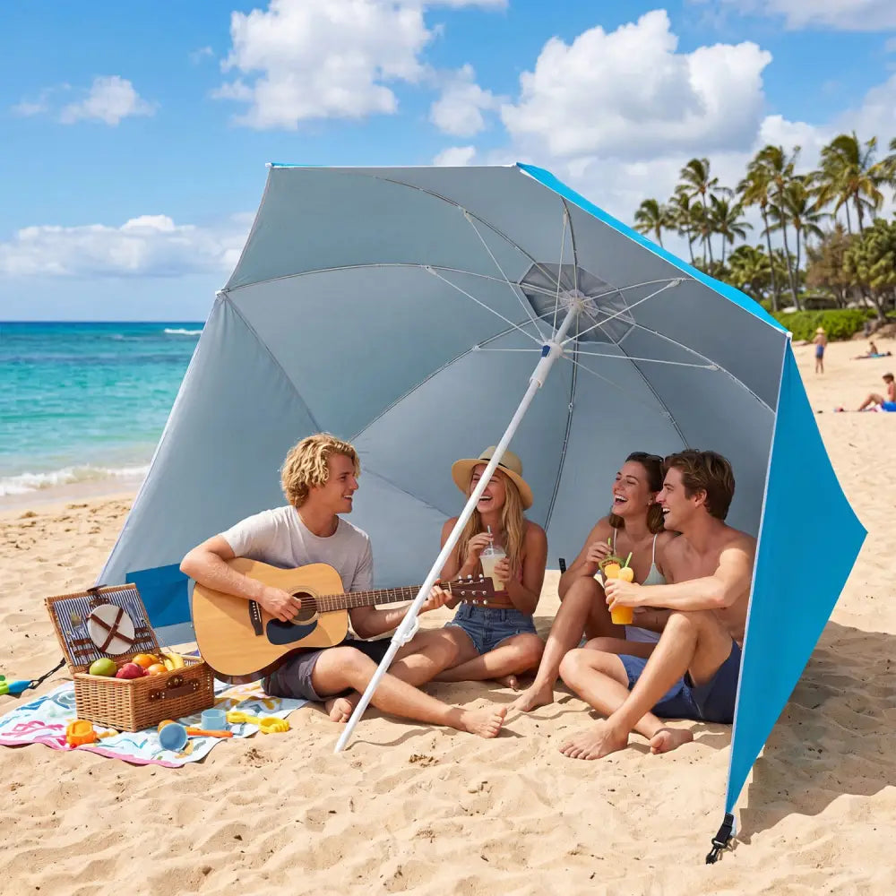 2-in-1 Beach Shelter Umbrella UPF 50+ with Side Panels for Camping Picnic-Turquoise - Turquoise - Outdoor Umbrellas