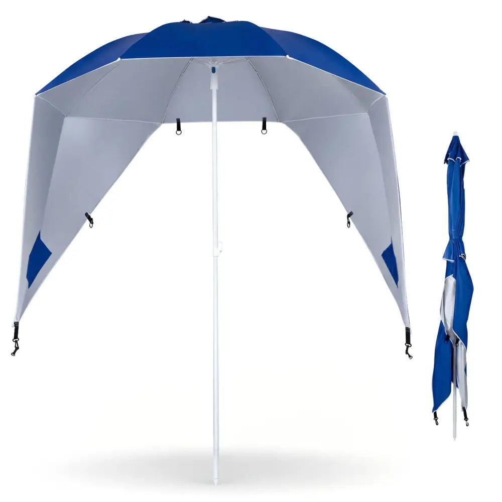 2-in-1 Beach Shelter Umbrella UPF 50+ with Side Panels for Camping Picnic-Blue - Blue - Outdoor Umbrellas