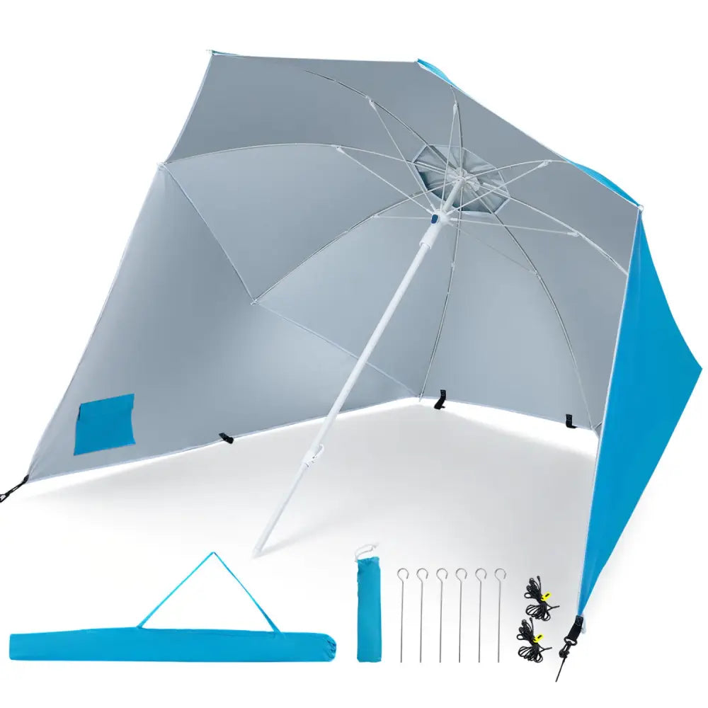 2-in-1 Beach Shelter Umbrella UPF 50+ with Side Panels for Camping Picnic-Turquoise - Turquoise - Outdoor Umbrellas