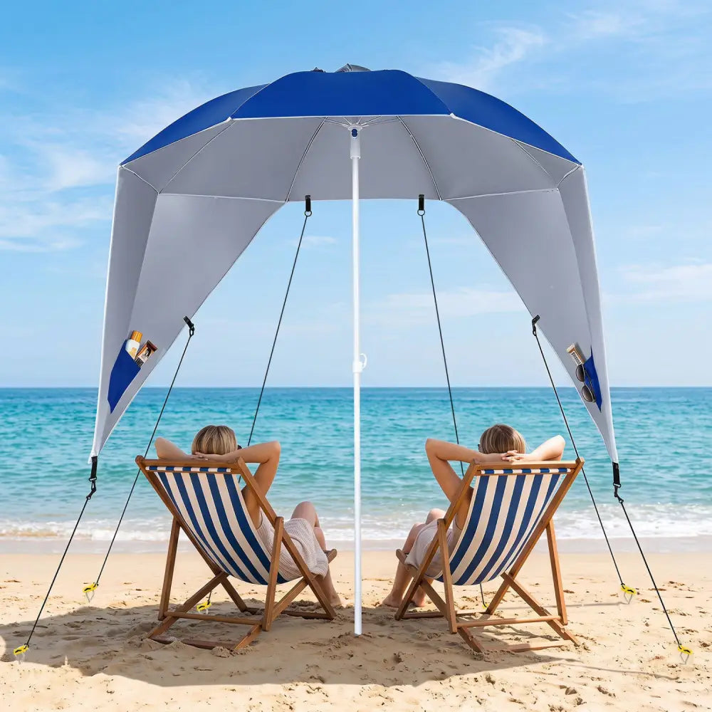 2-in-1 Beach Shelter Umbrella UPF 50+ with Side Panels for Camping Picnic-Blue - Blue - Outdoor Umbrellas