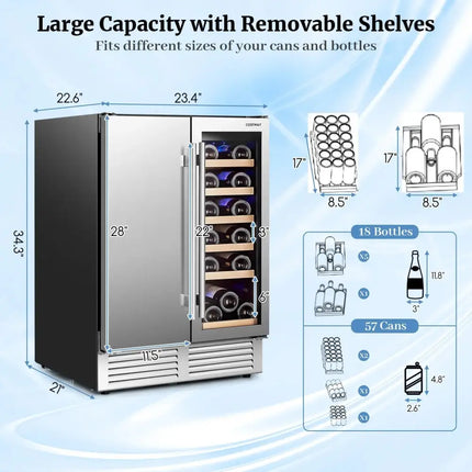 2-in-1 Beverage and Wine Cooler with Independent Temperature Control and LED Lights-Silver Costway