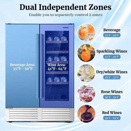 2-in-1 Beverage and Wine Cooler with Independent Temperature Control and LED Lights-Silver Costway