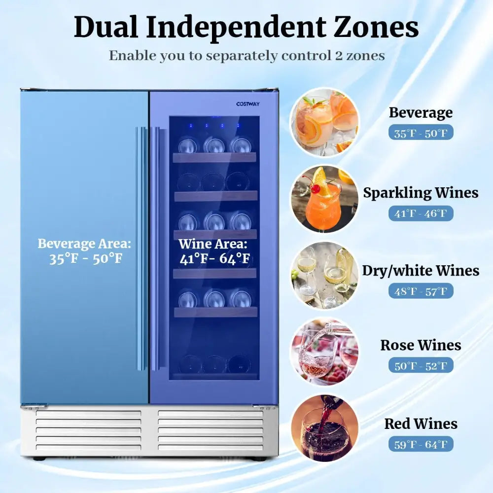 2-in-1 Beverage and Wine Cooler with Independent Temperature Control and LED Lights-Silver Costway