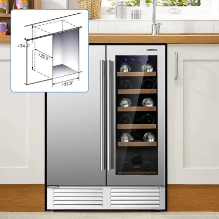 Wine cooler with dimensions displayed in a kitchen setting