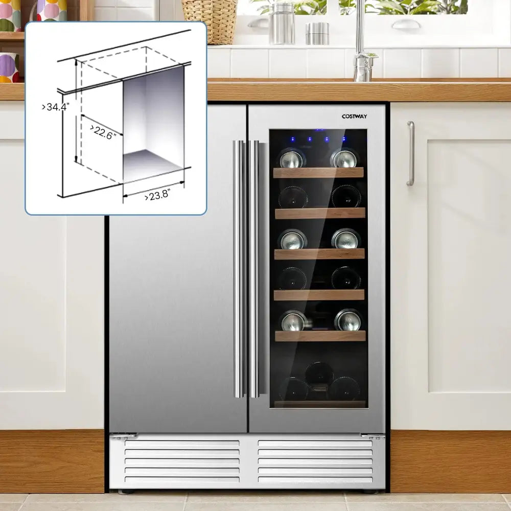 Wine cooler with dimensions displayed in a kitchen setting