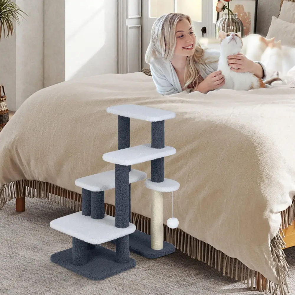 2-in-1 Cat Stairs Cat Tree Tower with Scratching Posts and Hanging Toy Ball-Gray - Gray - Cat Trees Condos & Scratchers