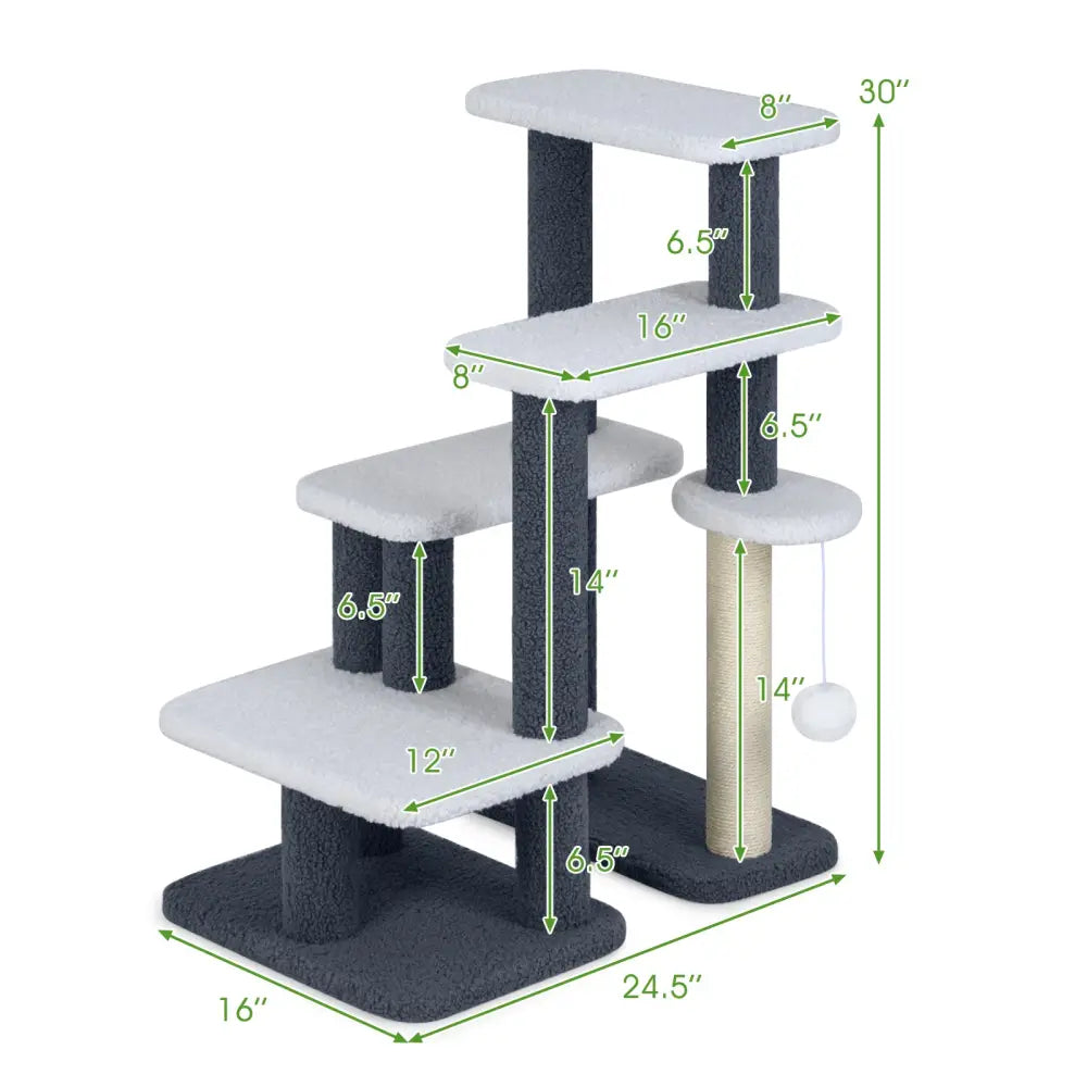 2-in-1 Cat Stairs Cat Tree Tower with Scratching Posts and Hanging Toy Ball-Gray - Gray - Cat Trees Condos & Scratchers