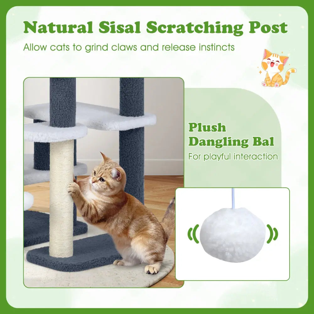 2-in-1 Cat Stairs Cat Tree Tower with Scratching Posts and Hanging Toy Ball-Gray - Gray - Cat Trees Condos & Scratchers