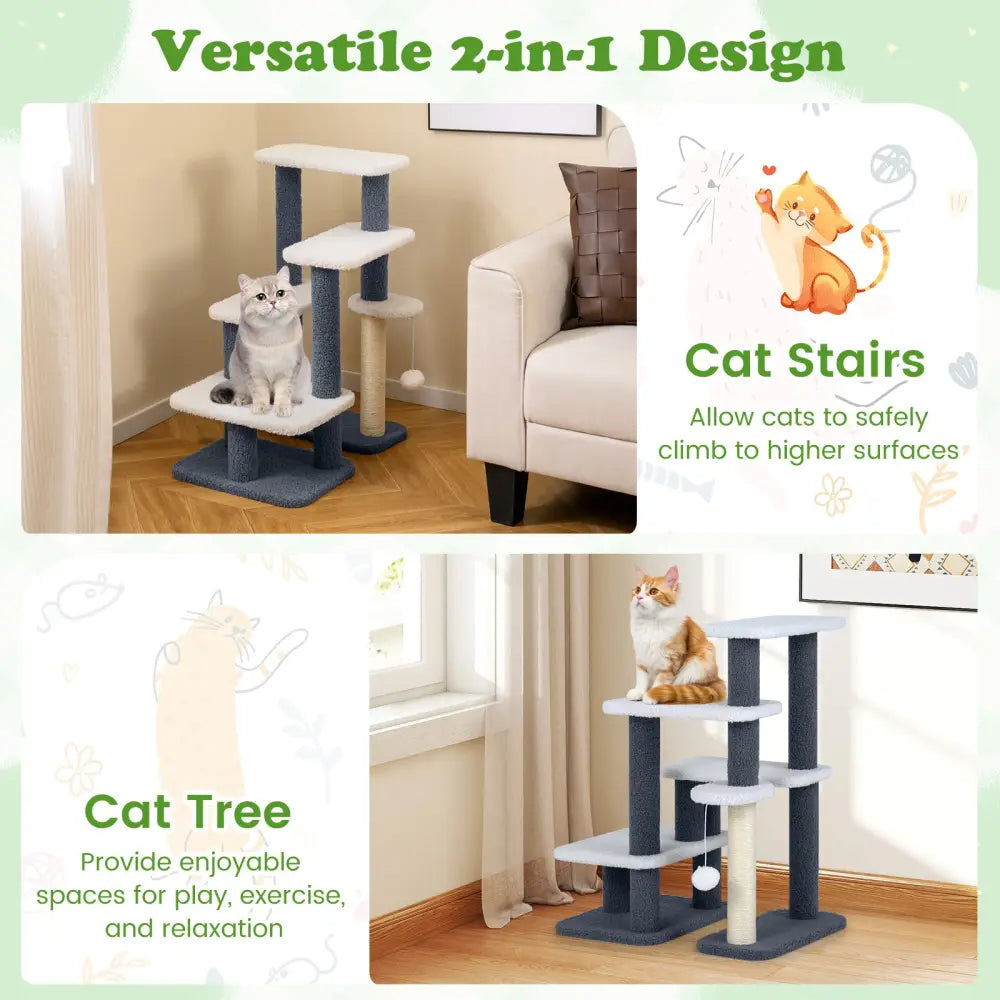 2-in-1 Cat Stairs Cat Tree Tower with Scratching Posts and Hanging Toy Ball-Gray - Gray - Cat Trees Condos & Scratchers