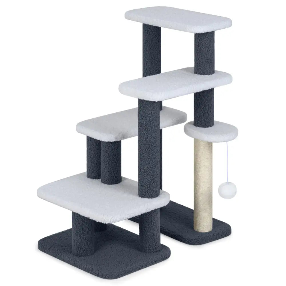 2-in-1 Cat Stairs Cat Tree Tower with Scratching Posts and Hanging Toy Ball-Gray - Gray - Cat Trees Condos & Scratchers