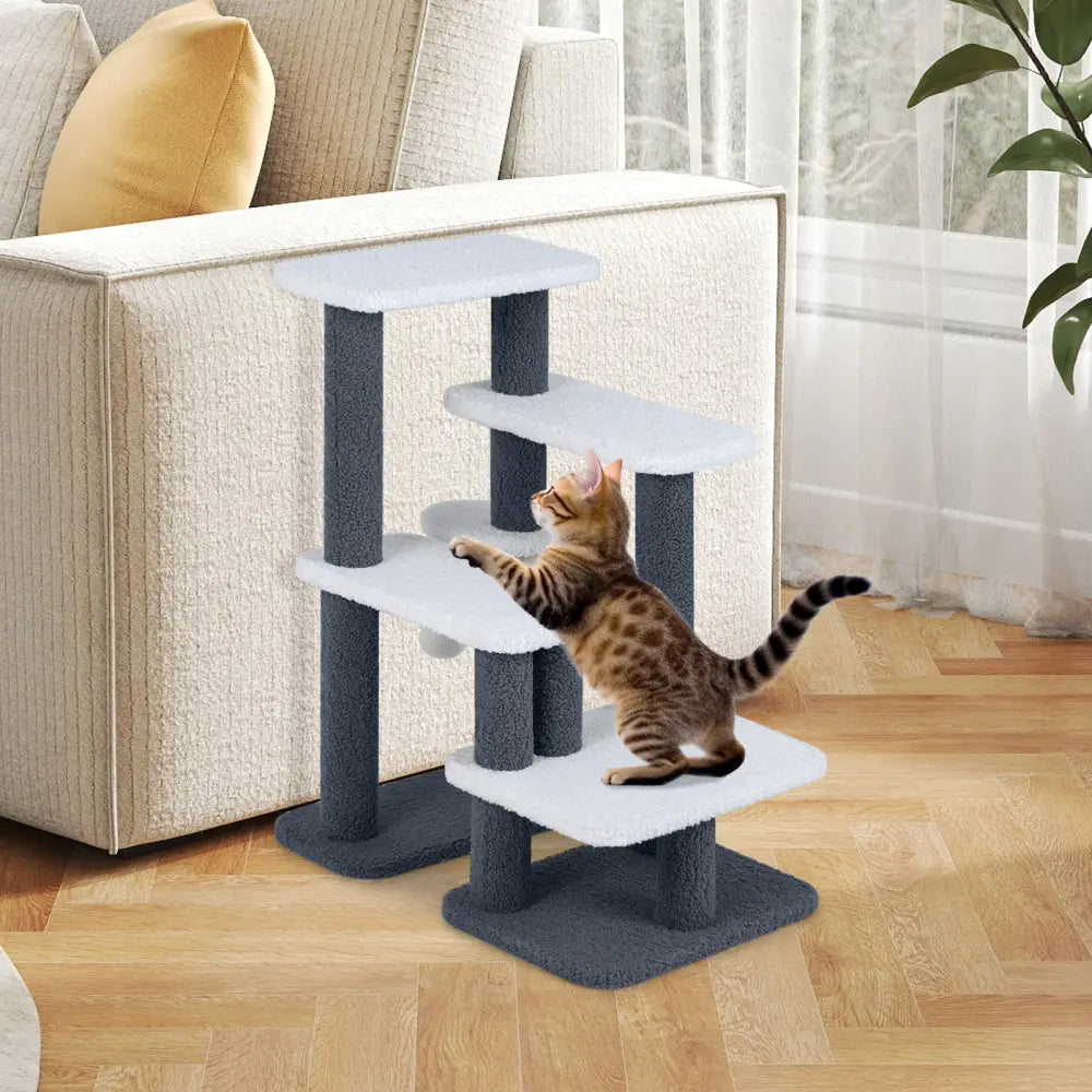 2-in-1 Cat Stairs Cat Tree Tower with Scratching Posts and Hanging Toy Ball-Gray - Gray - Cat Trees Condos & Scratchers