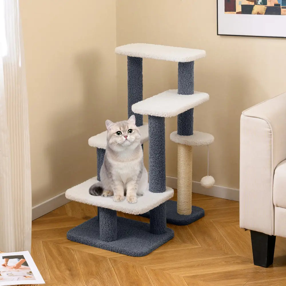 2-in-1 Cat Stairs Cat Tree Tower with Scratching Posts and Hanging Toy Ball-Gray - Gray - Cat Trees Condos & Scratchers