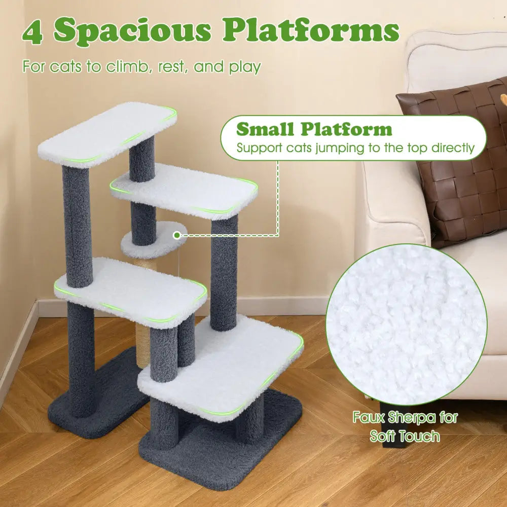 2-in-1 Cat Stairs Cat Tree Tower with Scratching Posts and Hanging Toy Ball-Gray - Gray - Cat Trees Condos & Scratchers