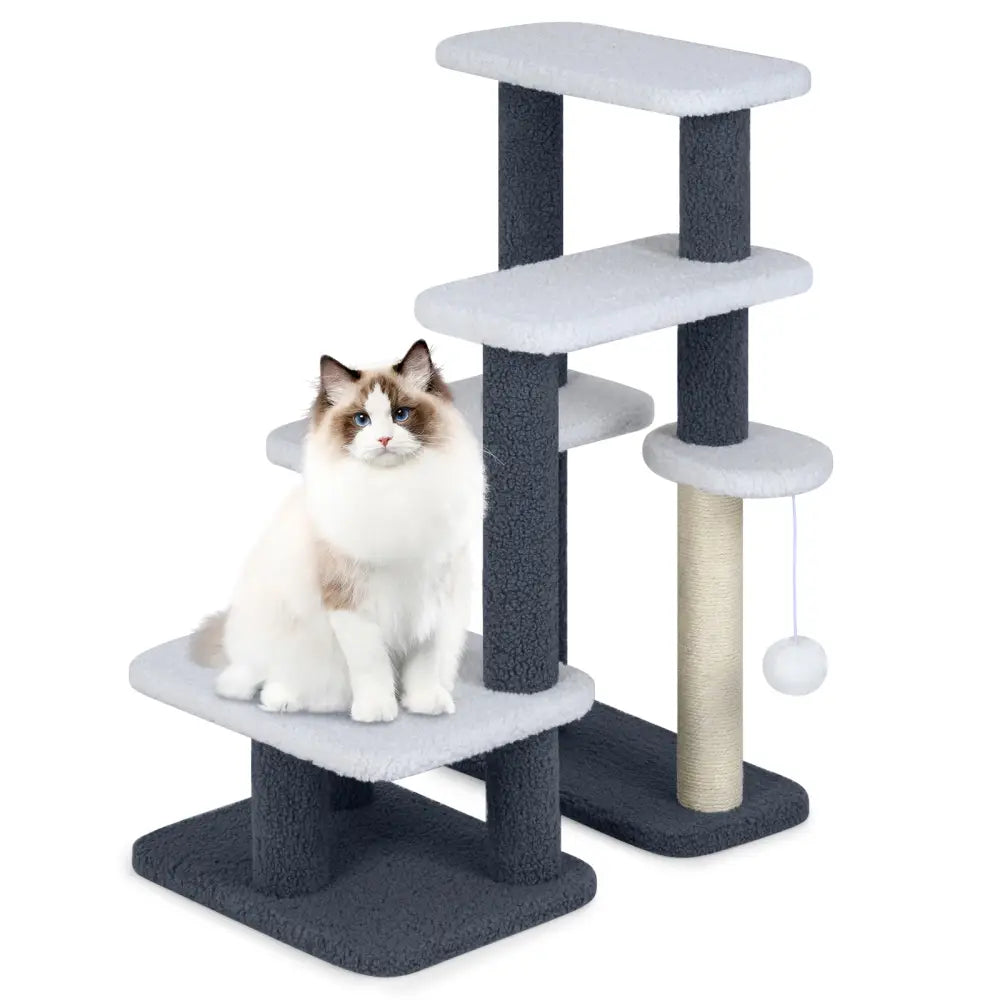 2-in-1 Cat Stairs Cat Tree Tower with Scratching Posts and Hanging Toy Ball-Gray - Gray - Cat Trees Condos & Scratchers