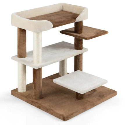 2 - in - 1 Cat Tree Tower Pet Steps with Sisal Scratching Posts and 4 Large Platforms - Brown - Oasis Home Essentials