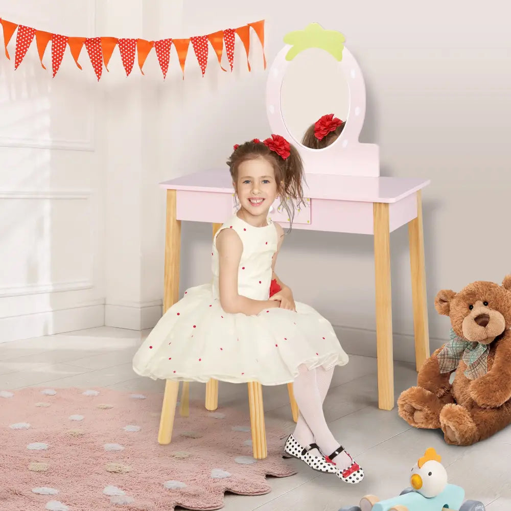 2-in-1 Children Vanity Table Stool Set with Mirror-Pink - Pink - Kids Vanities