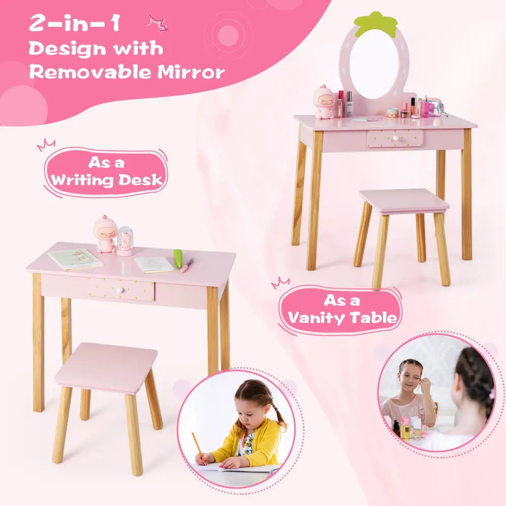 2-in-1 Children Vanity Table Stool Set with Mirror-Pink - Pink - Kids Vanities