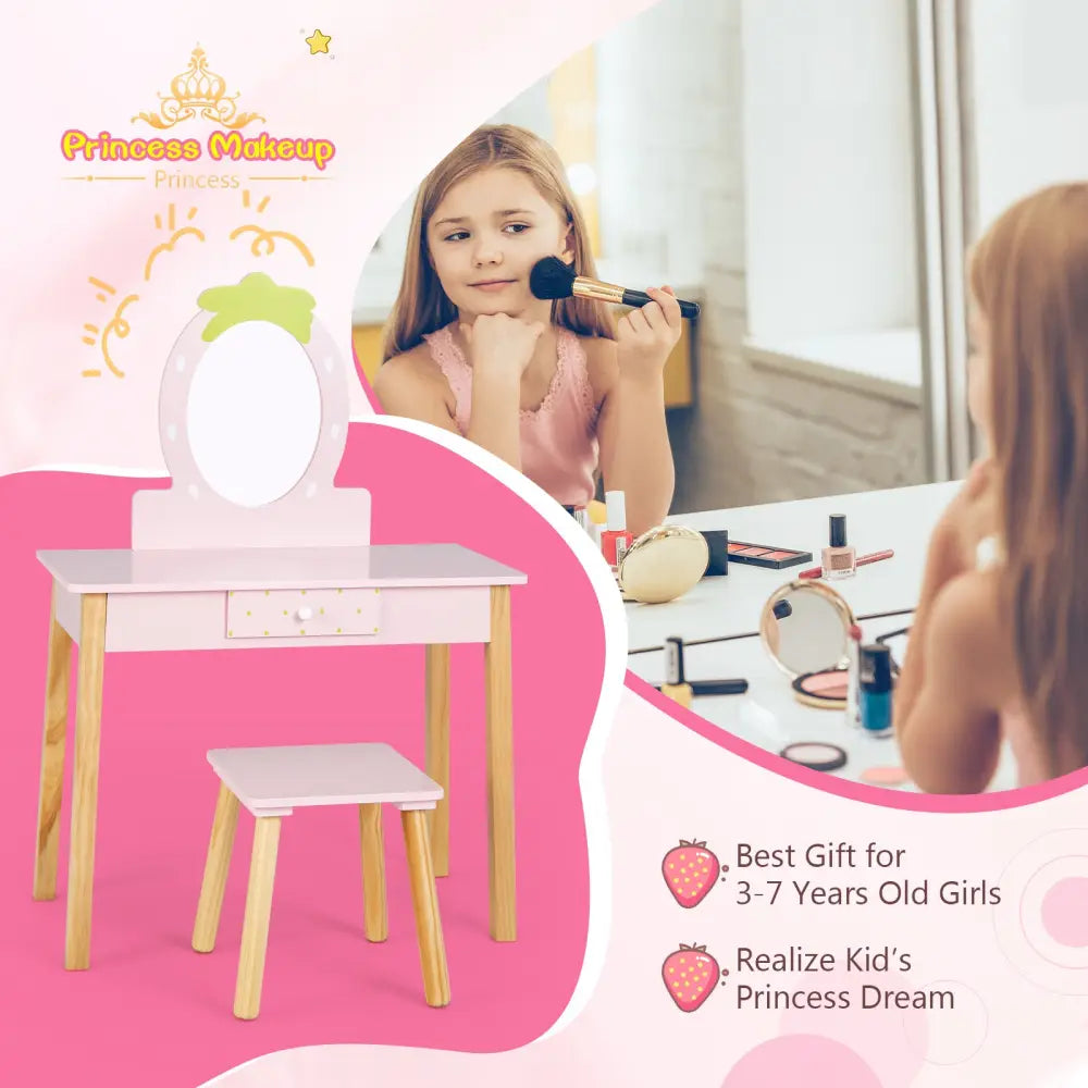 2-in-1 Children Vanity Table Stool Set with Mirror-Pink - Pink - Kids Vanities