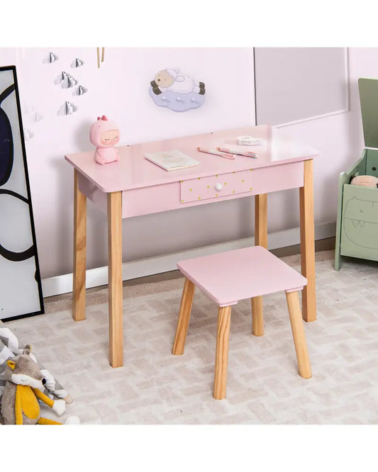 2-in-1 Children Vanity Table Stool Set with Mirror-Pink - Pink - Kids Vanities