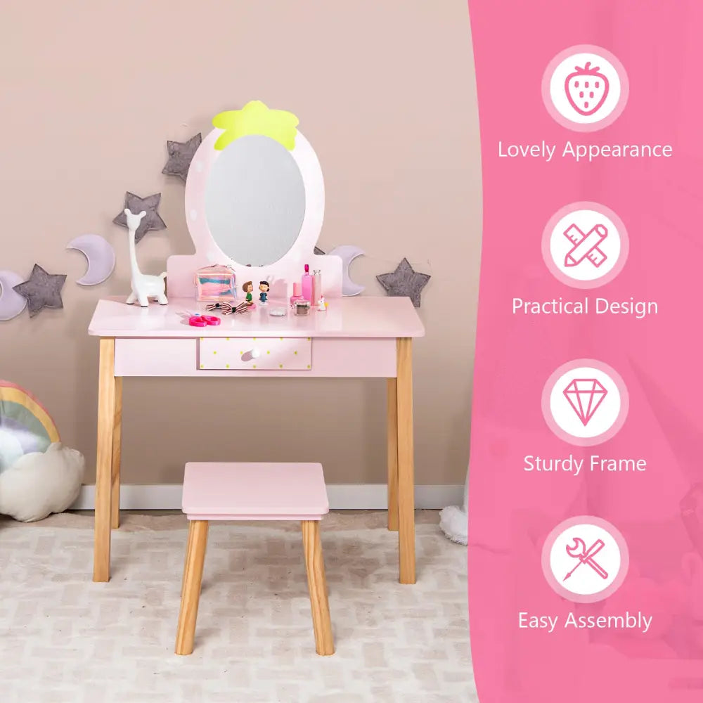 2-in-1 Children Vanity Table Stool Set with Mirror-Pink - Pink - Kids Vanities