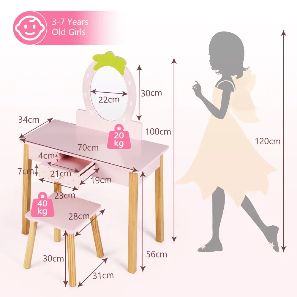 2-in-1 Children Vanity Table Stool Set with Mirror-Pink - Pink - Kids Vanities