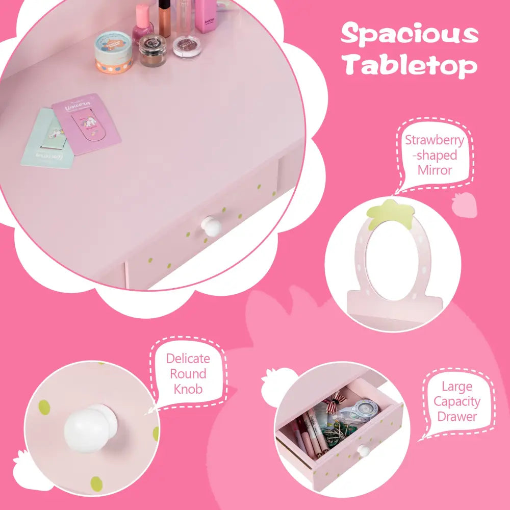 2-in-1 Children Vanity Table Stool Set with Mirror-Pink - Pink - Kids Vanities