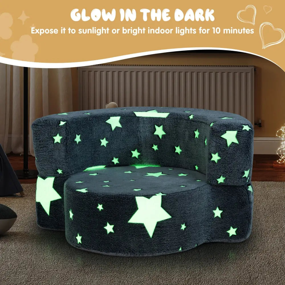 2-in-1 Convertible Glow in the Dark Kids Sofa with Removable Washable Cover-Gray - Gray - Kids Chairs & Seating