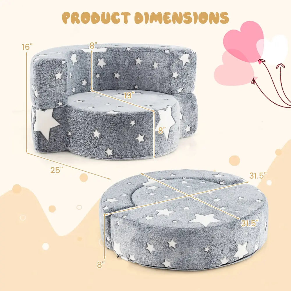 2-in-1 Convertible Glow in the Dark Kids Sofa with Removable Washable Cover-Gray - Gray - Kids Chairs & Seating