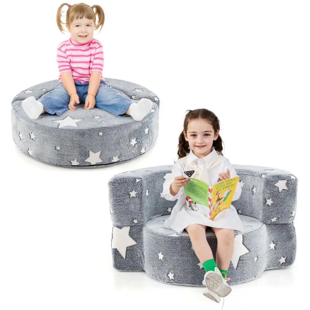 2-in-1 Convertible Glow in the Dark Kids Sofa with Removable Washable Cover-Gray - Gray - Kids Chairs & Seating