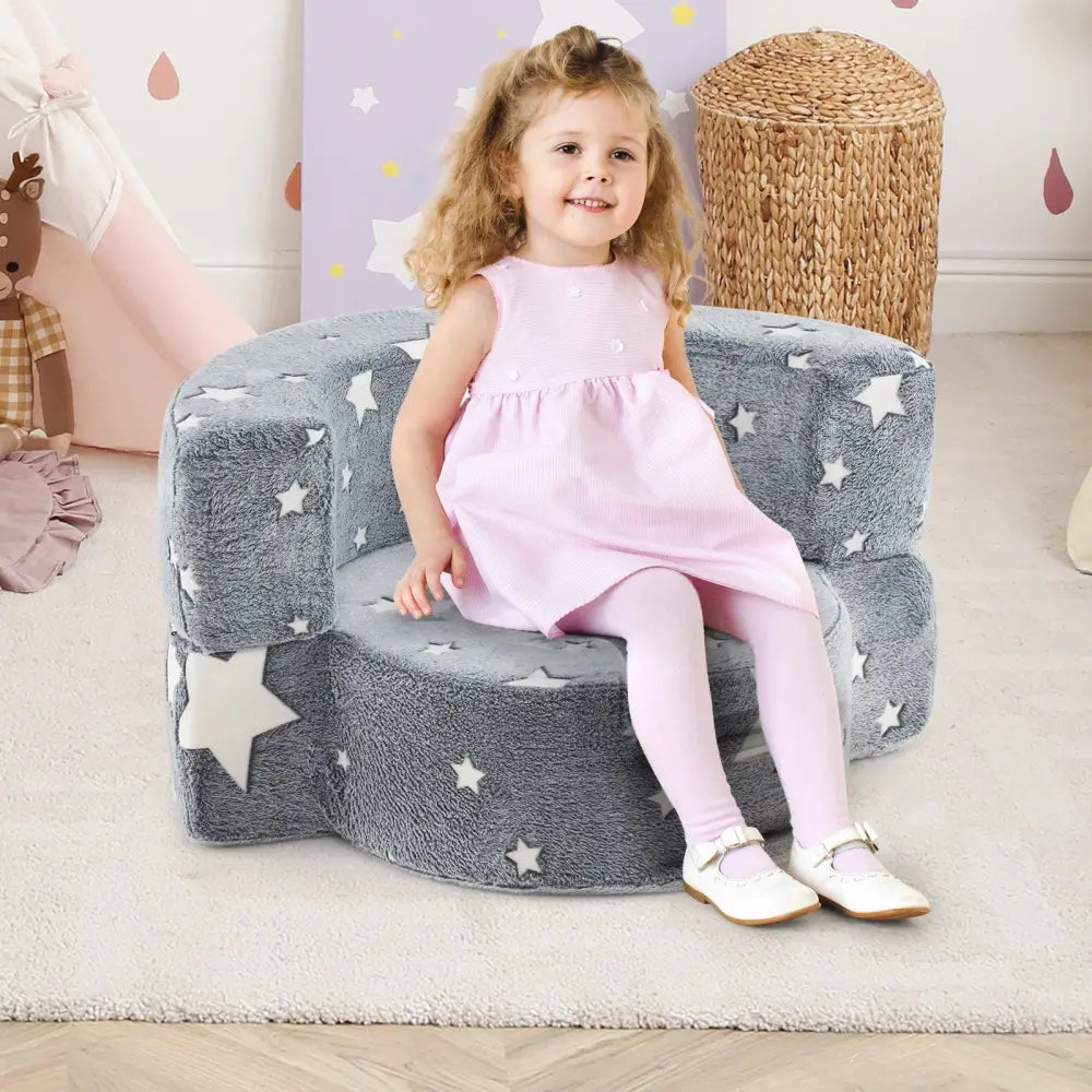 2-in-1 Convertible Glow in the Dark Kids Sofa with Removable Washable Cover-Gray - Gray - Kids Chairs & Seating