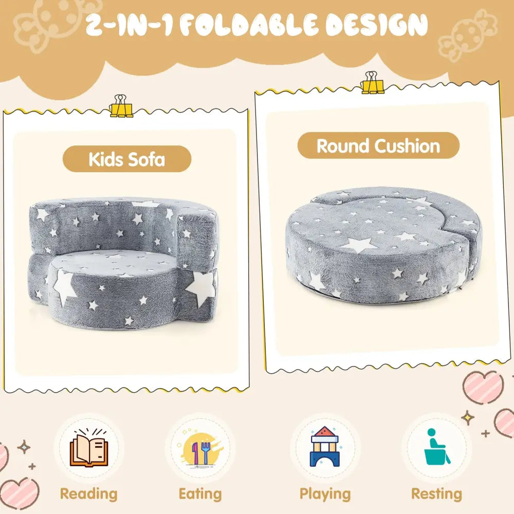2-in-1 Convertible Glow in the Dark Kids Sofa with Removable Washable Cover-Gray - Gray - Kids Chairs & Seating