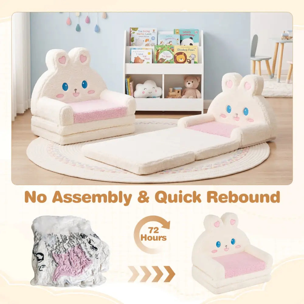2-in-1 Convertible Kids Sofa to Lounger with Bunny Pattern-Pink - Pink - Kids Chairs & Seating
