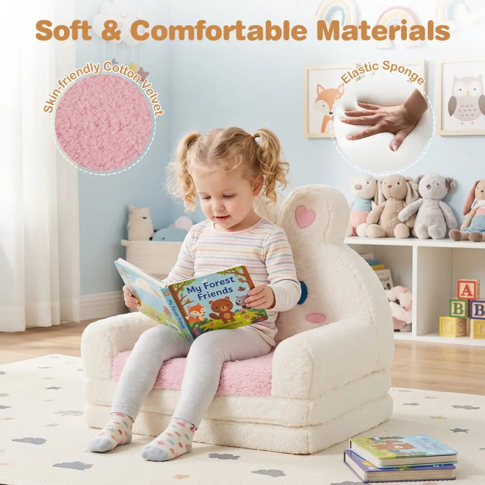 2-in-1 Convertible Kids Sofa to Lounger with Bunny Pattern-Pink - Pink - Kids Chairs & Seating