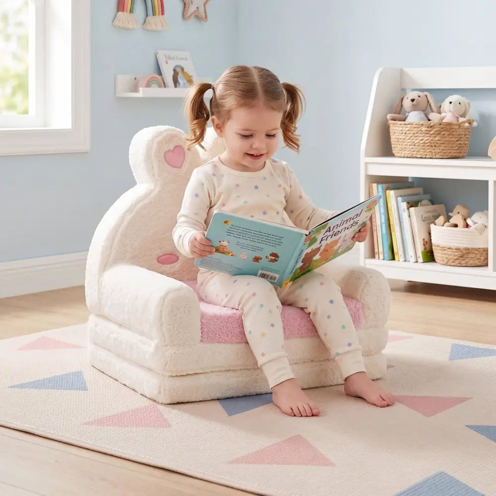 2-in-1 Convertible Kids Sofa to Lounger with Bunny Pattern-Pink - Pink - Kids Chairs & Seating