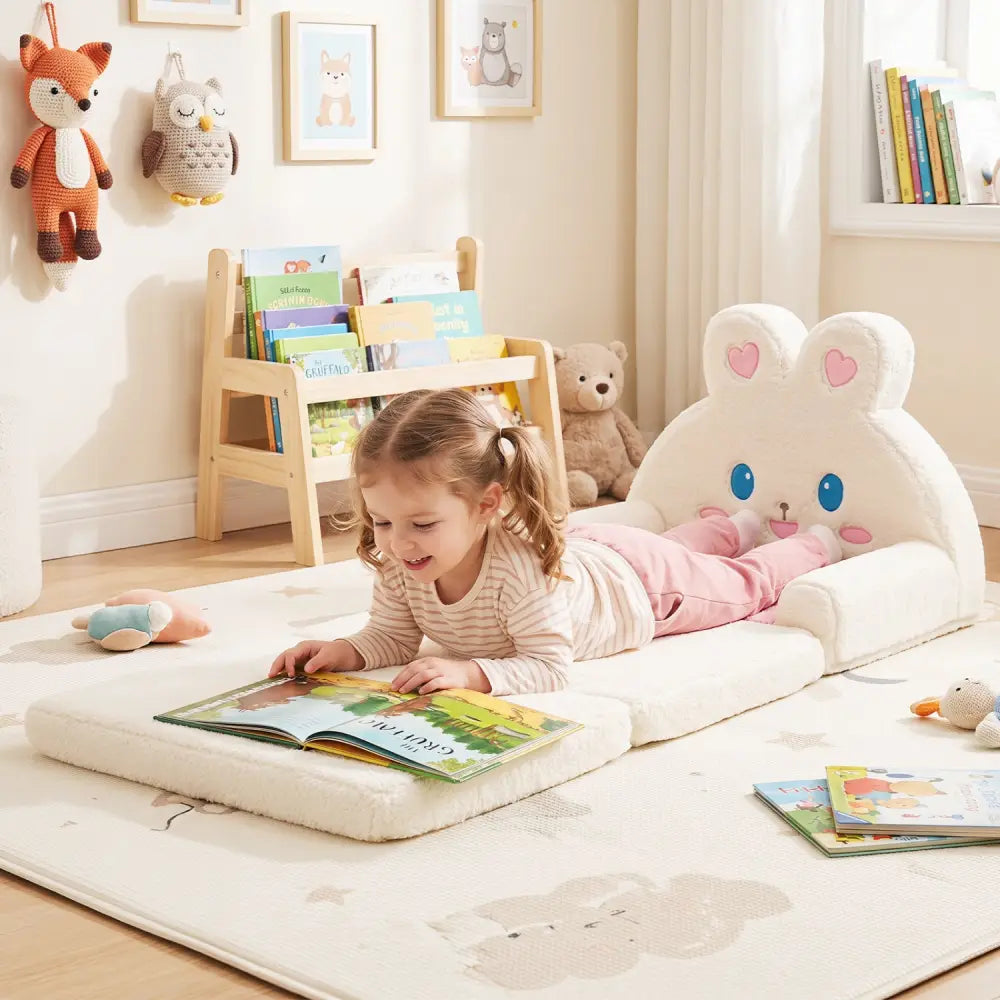 2-in-1 Convertible Kids Sofa to Lounger with Bunny Pattern-Pink - Pink - Kids Chairs & Seating