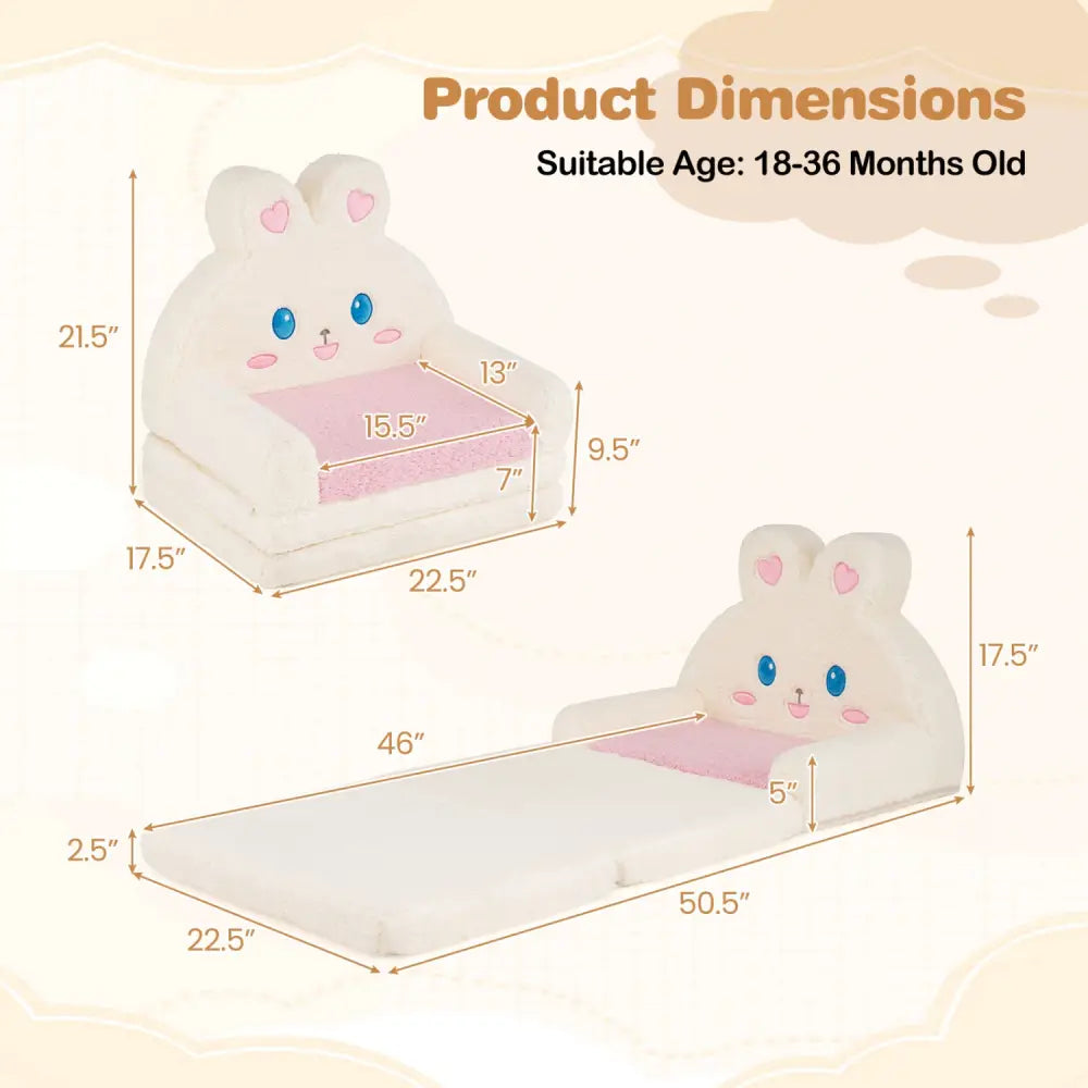 2-in-1 Convertible Kids Sofa to Lounger with Bunny Pattern-Pink - Pink - Kids Chairs & Seating