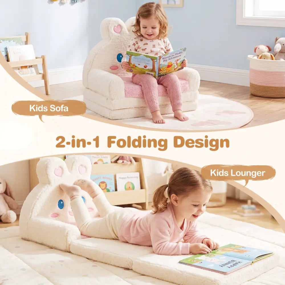 2-in-1 Convertible Kids Sofa to Lounger with Bunny Pattern-Pink - Pink - Kids Chairs & Seating