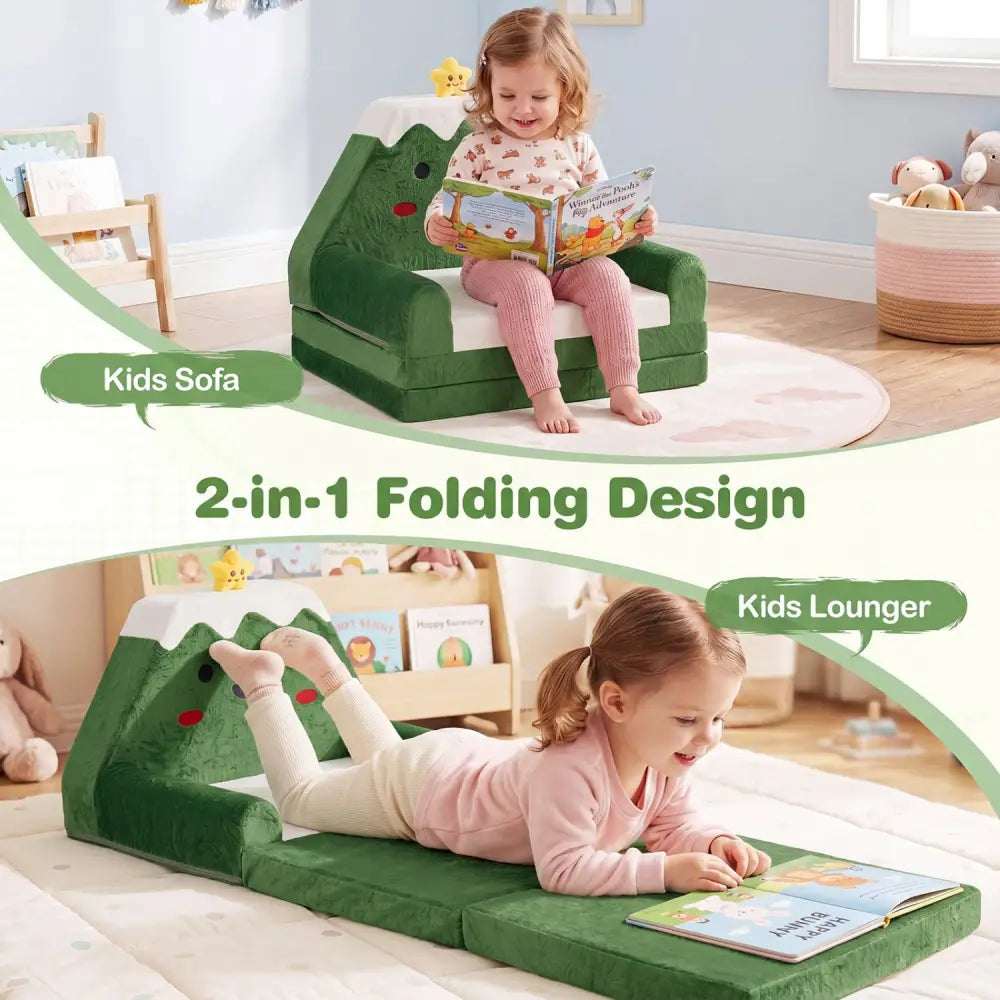 2-in-1 Convertible Kids Sofa to Lounger with Christmas Patterns-Green - Green - Kids Chairs & Seating